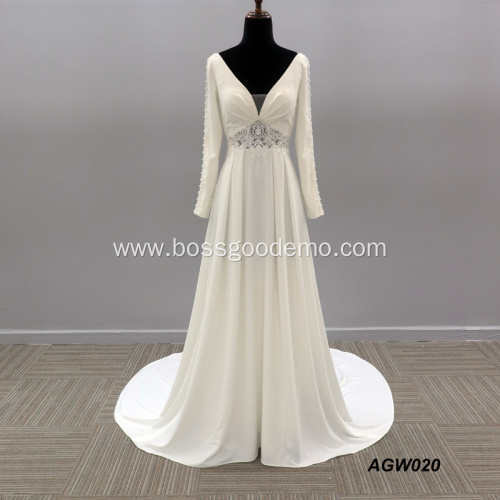 Simple design long sleeve v-neck beaded bride's party beaded satin wedding dress